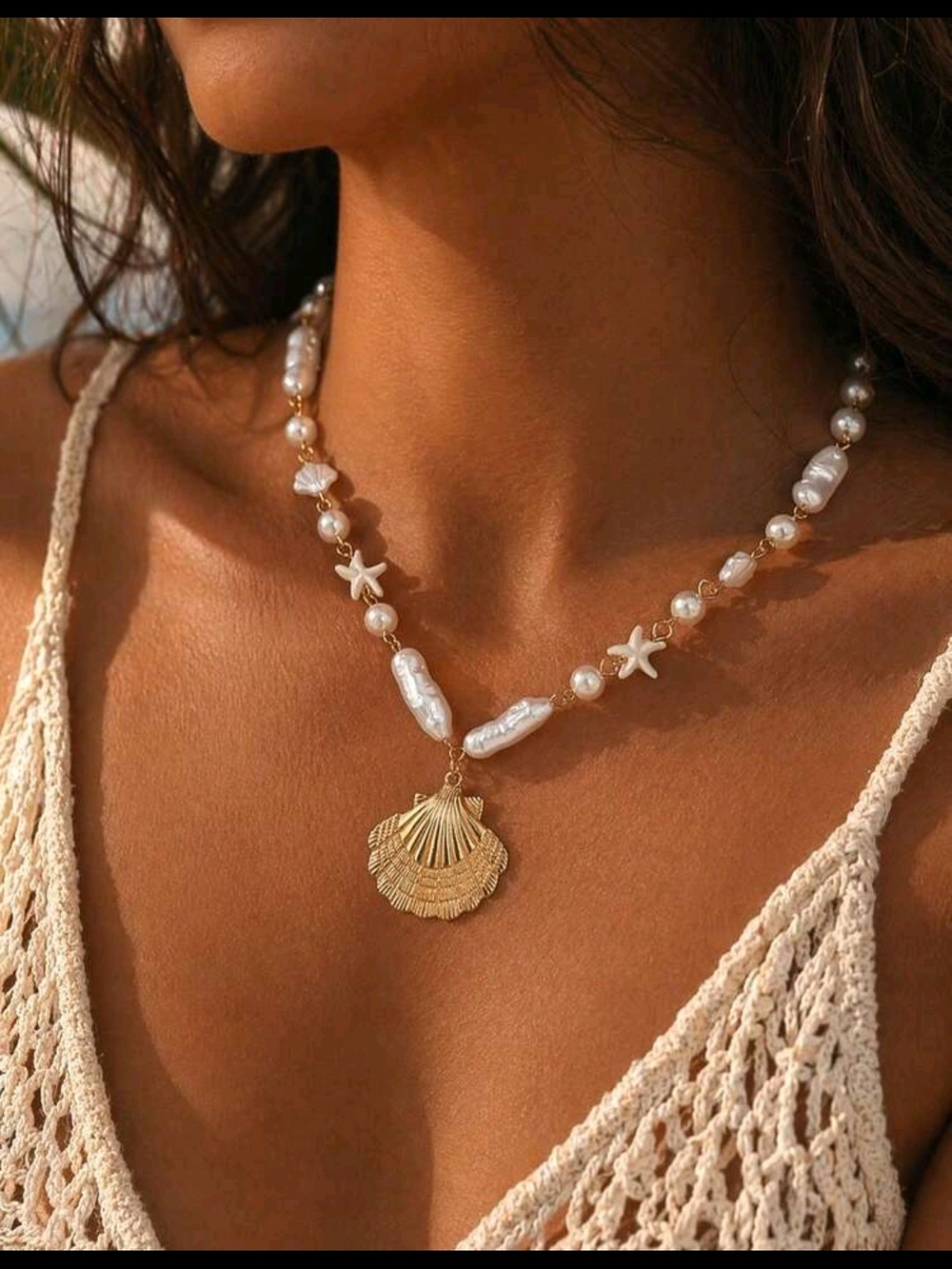 Pearl and Gold Shell Pendant Necklace - White & Gold Beach Charm